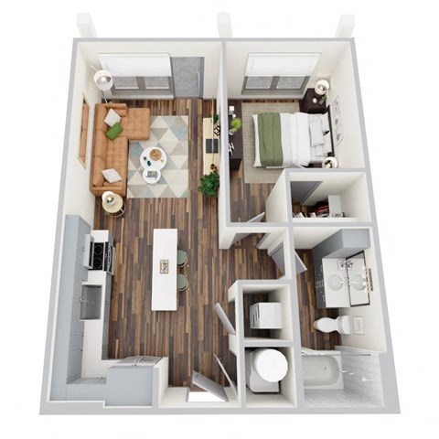 Floor plan for 1 bed, 1 bath, 667 sqft